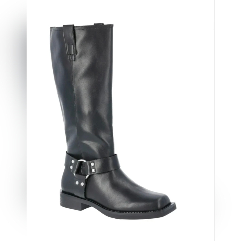 Time & True Womens Faux Leather Tall Moto Harness Black Biker Boots 8